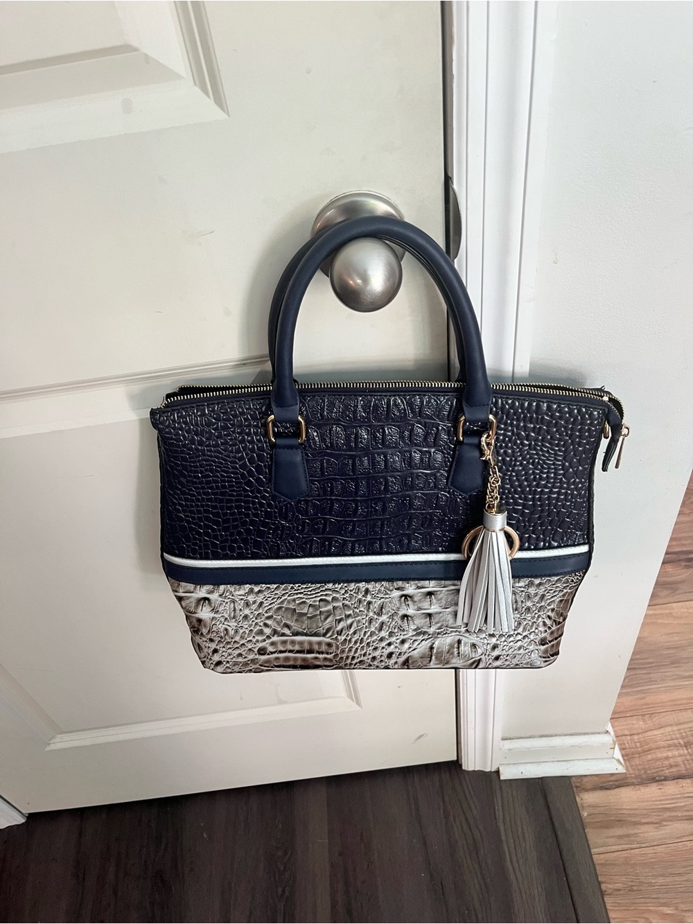 Croc-Embossed Navy and Gray Tote with Tassel Accent